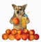 Dog near a pile of peaches