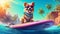 dog ocean surfer wave animal funny vacation puppy summer beach. Generative AI.