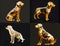 The dog, one of 12 chinese zodiac animal, with human peaceful face in 4 style as a low polygon gold model on black background.