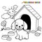 Dog outside his doghouse. Vector black and white coloring page.