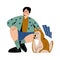 Dog owner boy hug pet vector illustrations.Young man cuddle with companion puppy. Friendship between teenager and dog