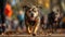 A dog participating in a Canine Fitness Month parade, wearing a custom fitness tracker and sporty gear, to promote