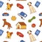 Dog pattern. Doodle seamless print with dog face and pet shop supplies. Domestic animals passport. Toys and booth. Feed