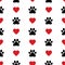 Dog Paw Cat Paw heart love puppy foot print kitten valentine vector Seamless Pattern