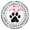 Dog paw heart love sign icon. Pets symbol textured web button. Vector Grunge post stamp. Circle banner or label. Protect your dog