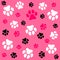Dog paw. Pink background and dog tracks. Pattern with traces.