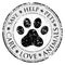 Dog paw sign icon. Pets symbol. Dirty textured web button. Vector Grunge post stamp. Circle banner or label. Protect your dog or c
