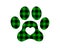 Dog paw silhouette with black and green Christmas buffalo pattern. Canine footprint with gingham checkered print. Vector