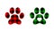 Dog paw silhouettes with Christmas buffalo patterns. Canine footprints with gingham checkered print. Vector flat