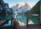 Dog on a pier on Lake braies, Italy. Jack Russell Terrier in nature. Traveling with a pet