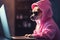Dog in pink hoodie and sunglasses sitting at laptop. Generate ai
