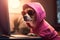 Dog in pink hoodie wearing sunglasses. Generate ai