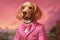 Dog in a pink jacket and bow