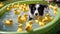 dog playing with bubbles A humorous scene of a Border Collie puppy attempting to herd a group of rubber ducks in a kiddie pool