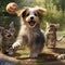 a dog playing with some little kittens in the yard