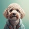 Dog poodle generative ai. Poodle cute puppy in white grooming hair wearing fashionable cardigan