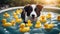 dog and pool A humorous scene of a Border Collie puppy attempting to herd a group of rubber ducks in a kiddie pool