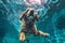 dog pool puppy fun underwater swimming funny snorkeling vacation water. Generative AI.