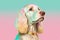 Dog portrait, pink and yellow pastel colors, copy space