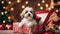 dog in present box A comical Havanese puppy dog peeking out from a giant gift box, with a mischievous grin