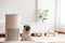 Dog Pug Breed and Air purifier in cozy white bed room for filter and cleaning removing dust PM2.5 HEPA in home