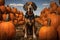 dog in pumpkin patch outdoor. Halloween concept. Generative AI illustration