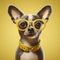 dog puppy glasses chihuahua pet studio cute animal yellow portrait background. Generative AI.