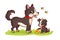 Dog and puppy play ball in a green meadow. Mom and baby. Vector illustration with cute pets