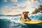 Dog puppy surfing on a wave while on vacation. ai generative