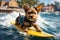 Dog puppy surfing on a wave while on vacation. ai generative