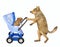 Dog pushing blue stroller with puppy