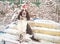 A dog in a red cap on his head sits on a bench in a snowy winter