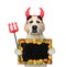 Dog with red horns holds blank sign