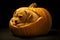 Dog Resting Head on Carved Pumpkin Image. Generative AI