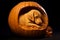 Dog Resting Head on Carved Pumpkin Image. Generative AI