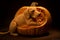 Dog Resting Head on Carved Pumpkin Image. Generative AI