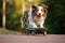 A dog rides a skateboard in a summer park. The Australian Shepherd Red Merle is having fun, active sports aussie