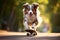 A dog rides a skateboard in a summer park. The Australian Shepherd Red Merle is having fun, active sports aussie
