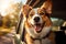 Dog riding in car and looking out from car window - AI generated