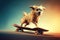 Dog riding very fast with speed a skateboard as skater. Generative AI