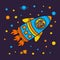 Dog in a rocket spaceship. Star galaxy. Cute cosmonaut dog in outer space. Vector illustration on the space theme in childish