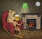 Dog in rocking chair by fireplace 2