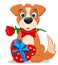 Dog with a rose in his mouth and a gift sits on a white background. Valentines Day