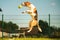 Dog run Beagle fun in garden jumping after ball