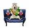 Dog sailor on blue divan drinks beer