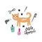 Dog salon grooming tools. Vector hand drawn illustration, doodle style