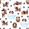 Dog seamless pattern with a spaniel and paw prints on white background