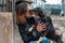 Dog at the shelter. Animal shelter volunteer takes care of dogs. Animal volunteer takes care of homeless animals