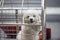 Dog shelter, white poodle sitting in a cage outside