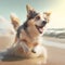 Dog shepherd summer beach activities. Australian shepherd dog in fun summer beach running